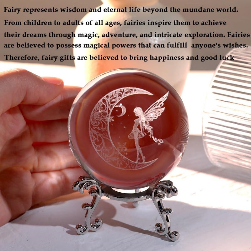 ZRENJHUS Fairy Crystal Ball 3D Moon Fairy Decorative Ball 60mm Glass Sphere Decor 3D Engraving Gifts for Girls Women Wife Wedding Gift with Stand - Image 3